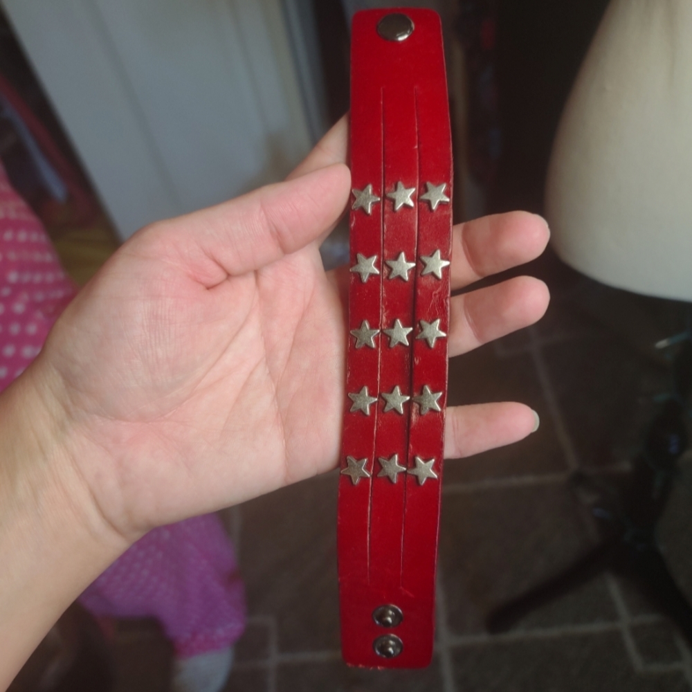 Antique Red Leather Bracelet with Metal Stars